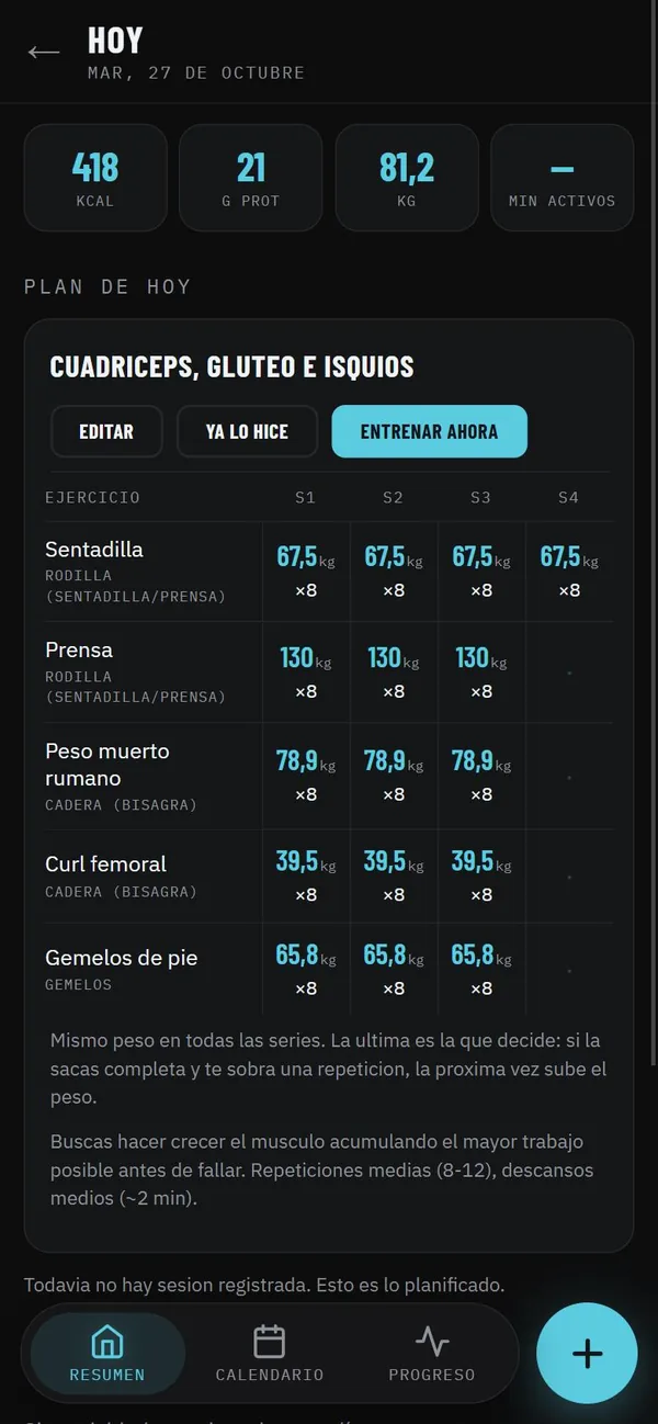 Un día en Maipo: calorías, proteína y peso, y el plan de entrenamiento con peso y repeticiones por serie.