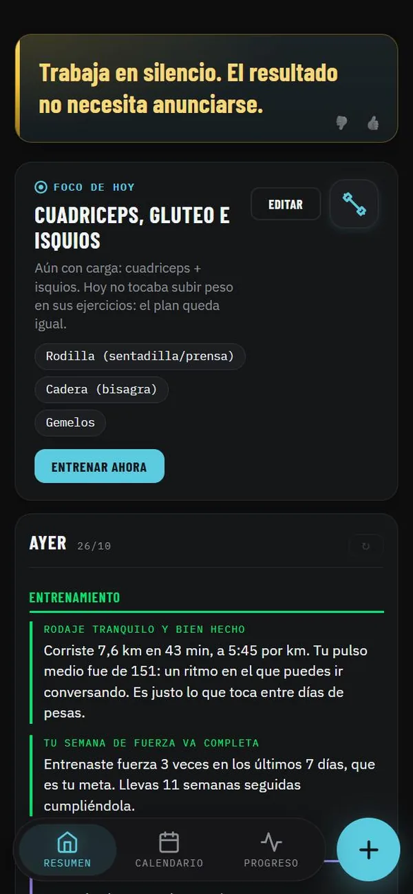 La pantalla de Resumen de Maipo: la frase del día y el foco de hoy.